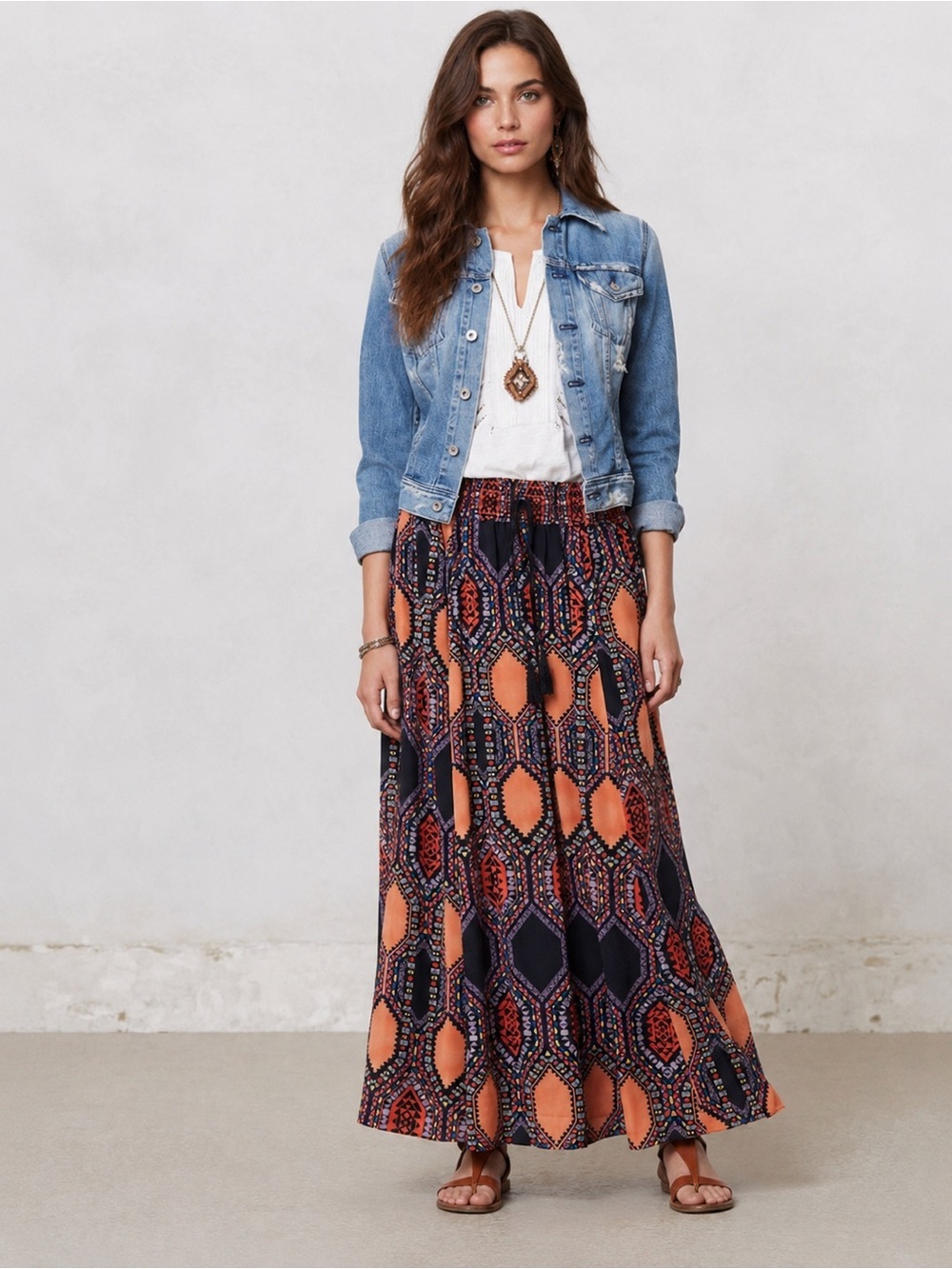 Anthropologie Maeve Hexprint Geometric Maxi Skirt XS Elastic Waist Tassels